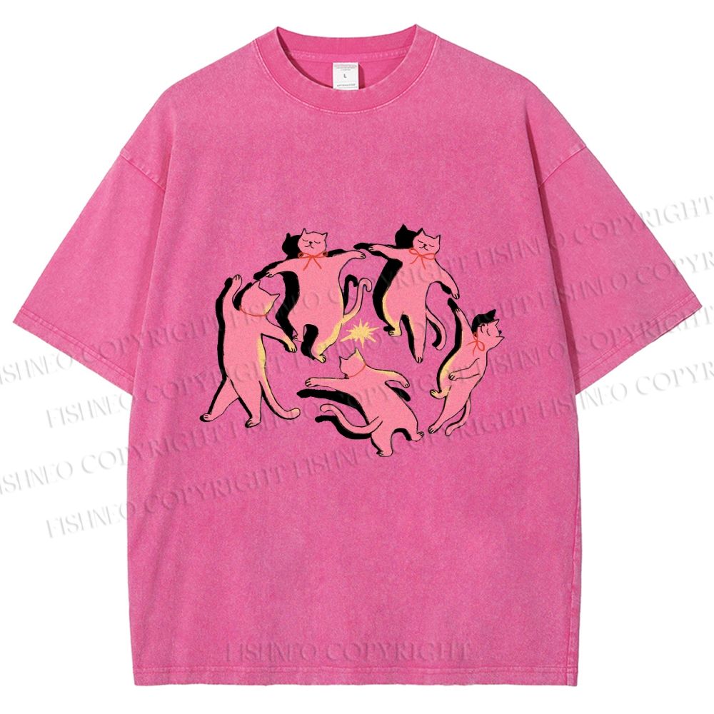 Unisex Dancing Party Kittens Printed Washed Tee