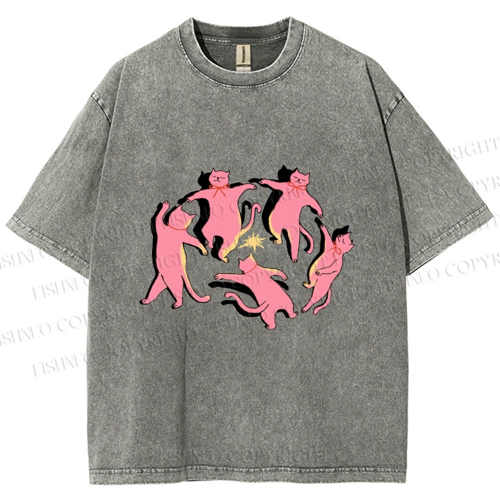 Unisex Dancing Party Kittens Printed Washed Tee