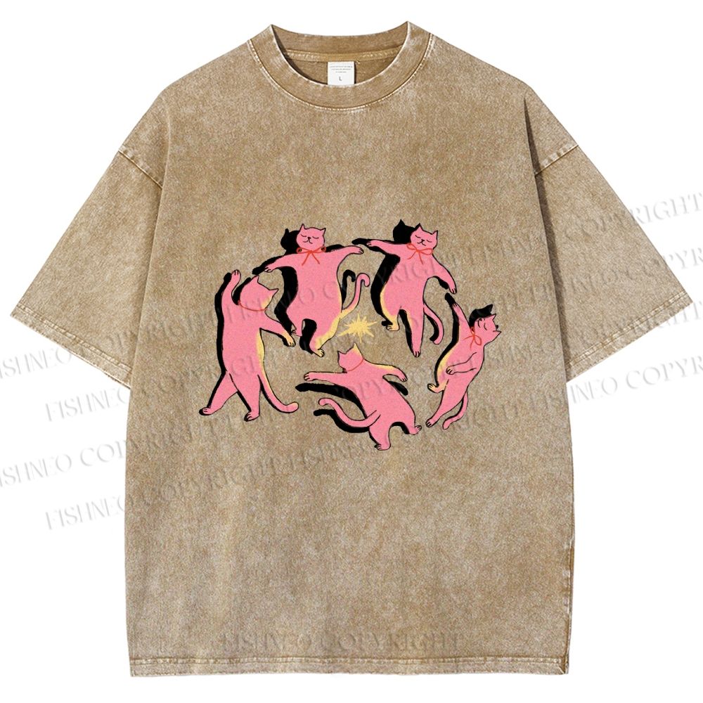 Unisex Dancing Party Kittens Printed Washed Tee