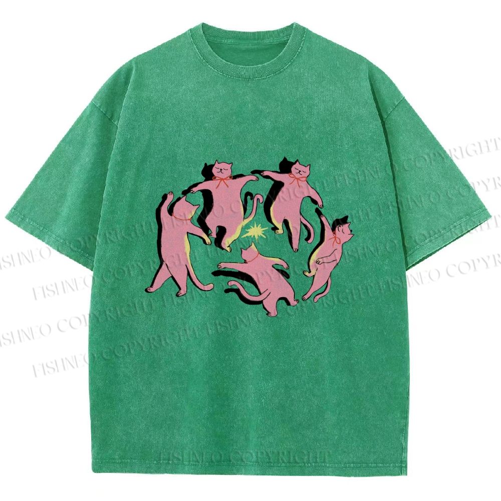 Unisex Dancing Party Kittens Printed Washed Tee
