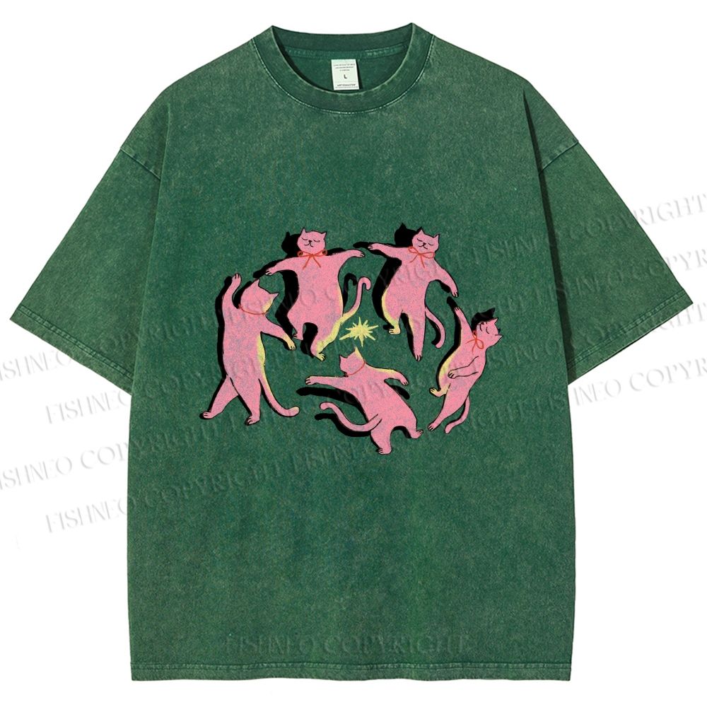 Unisex Dancing Party Kittens Printed Washed Tee