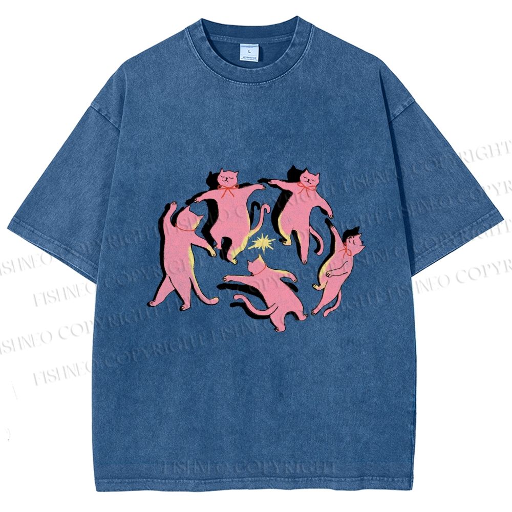 Unisex Dancing Party Kittens Printed Washed Tee