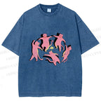 Unisex Dancing Party Kittens Printed Washed Tee