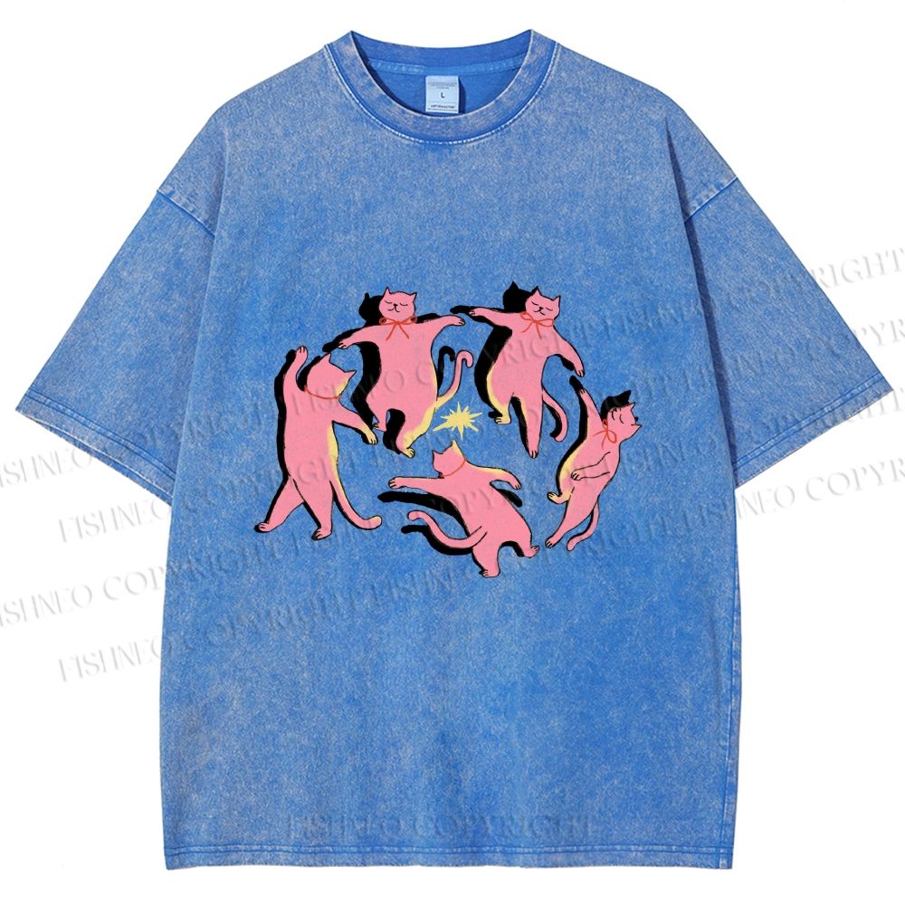 Unisex Dancing Party Kittens Printed Washed Tee