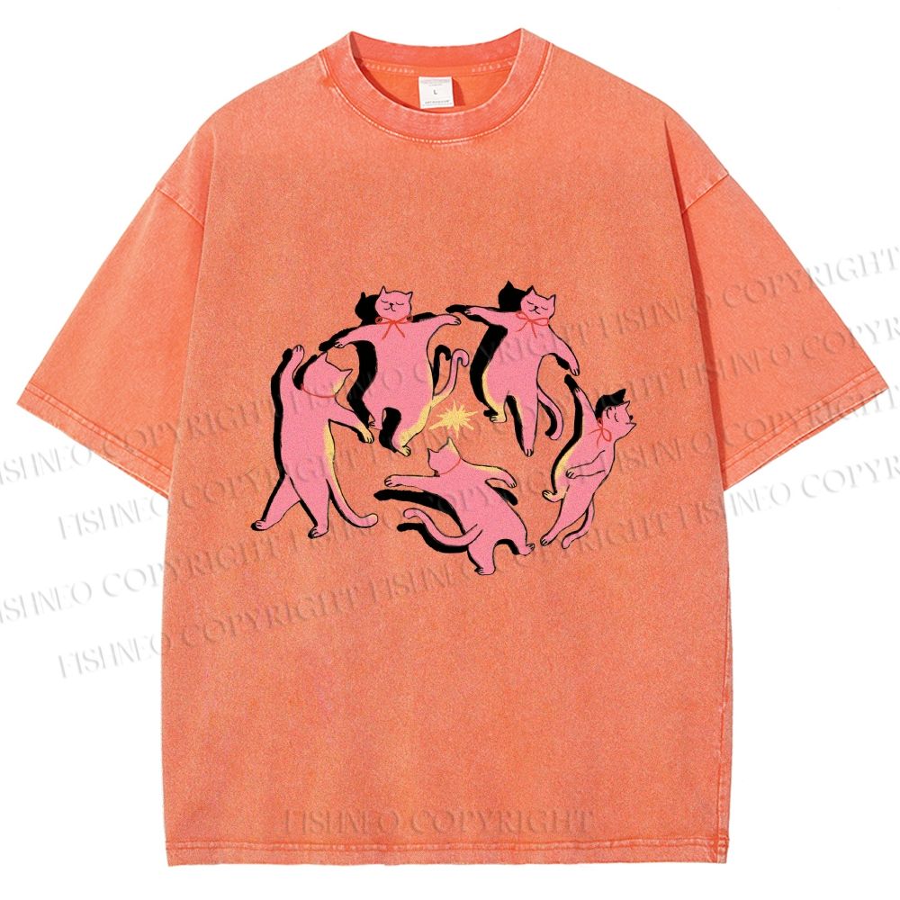 Unisex Dancing Party Kittens Printed Washed Tee