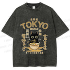 Unisex Black Cat Enjoys Warm Ramen Bowl Printed Washed Tee
