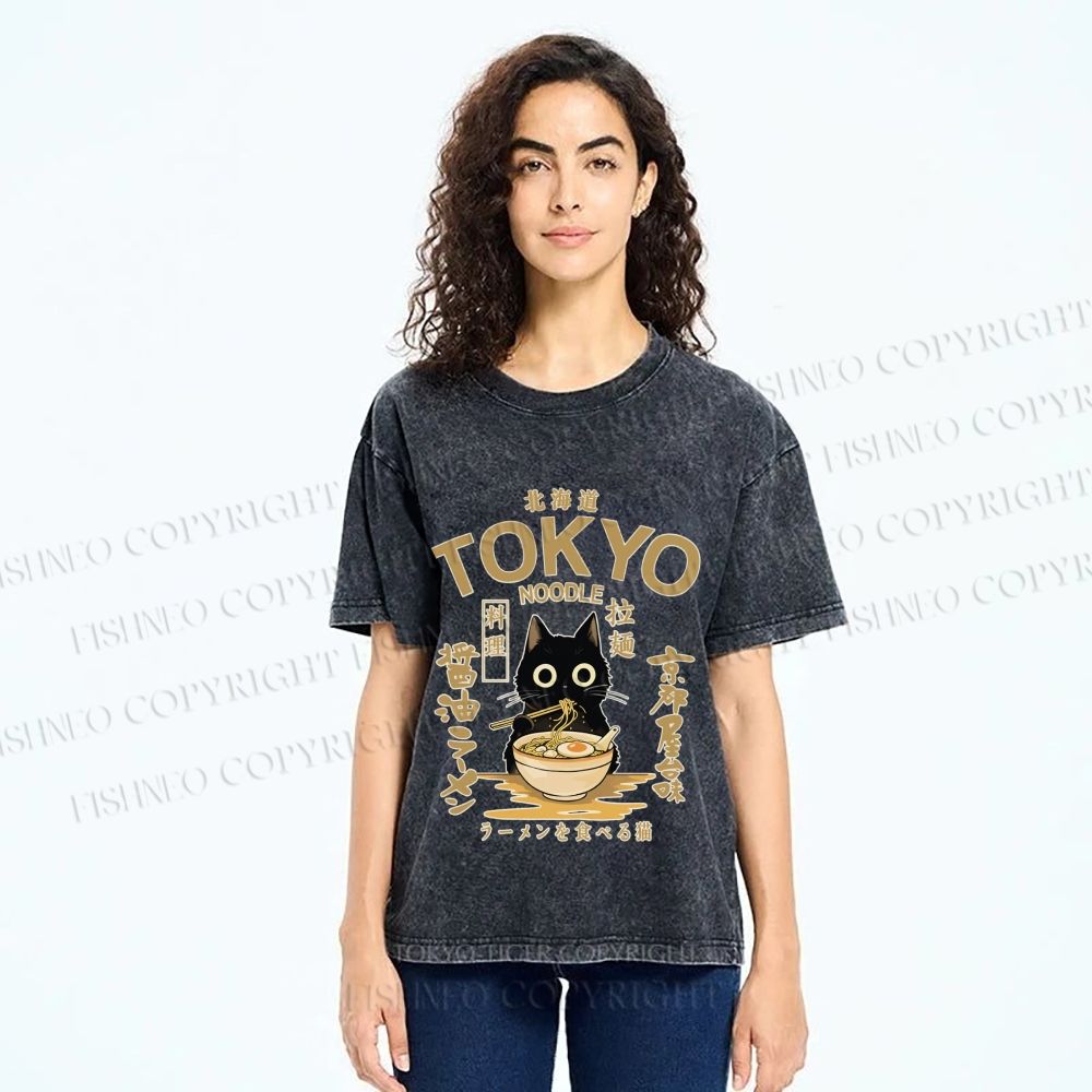 Unisex Black Cat Enjoys Warm Ramen Bowl Printed Washed Tee