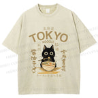 Unisex Black Cat Enjoys Warm Ramen Bowl Printed Washed Tee