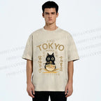 Unisex Black Cat Enjoys Warm Ramen Bowl Printed Washed Tee