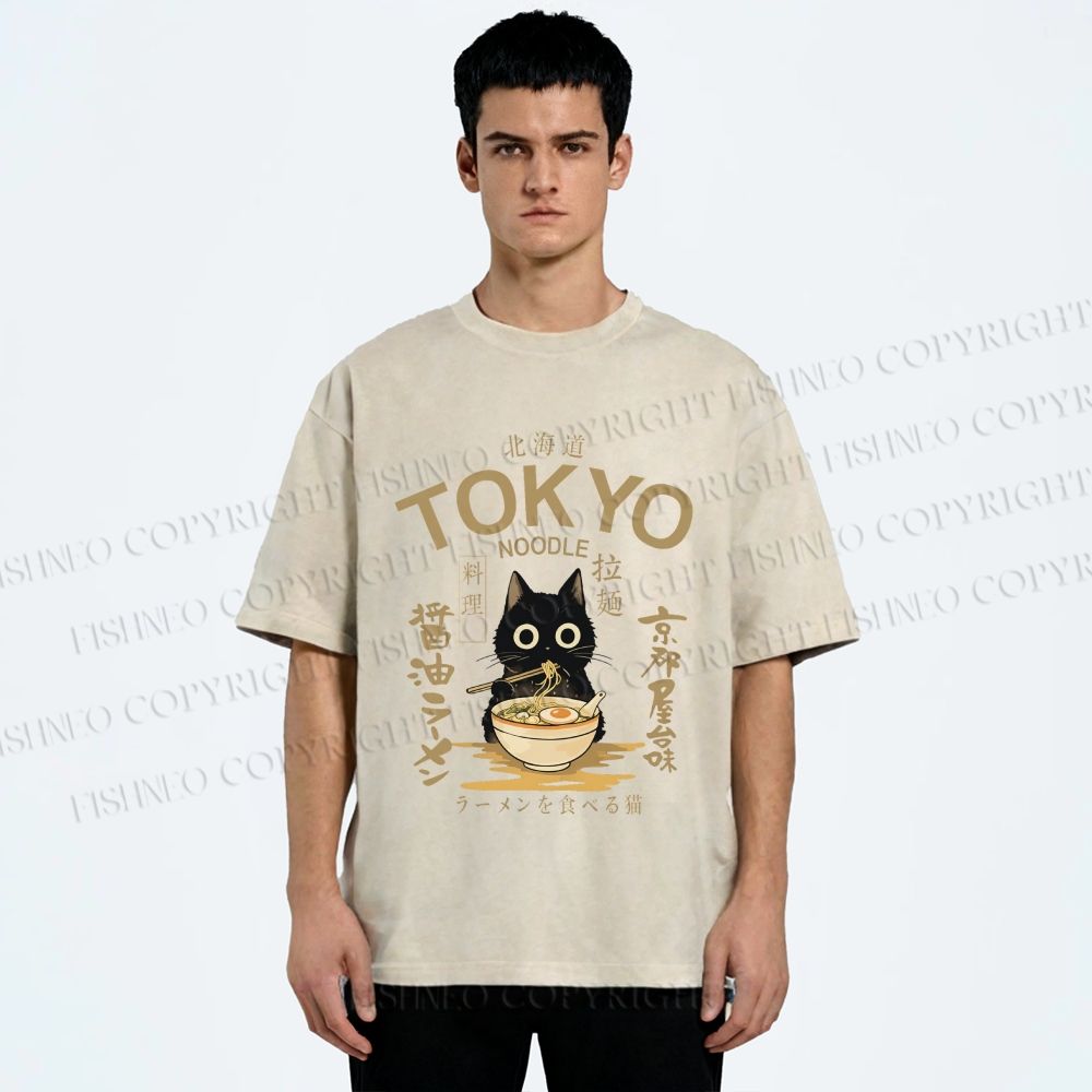 Unisex Black Cat Enjoys Warm Ramen Bowl Printed Washed Tee