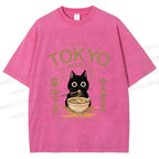 Unisex Black Cat Enjoys Warm Ramen Bowl Printed Washed Tee