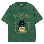 Unisex Black Cat Enjoys Warm Ramen Bowl Printed Washed Tee