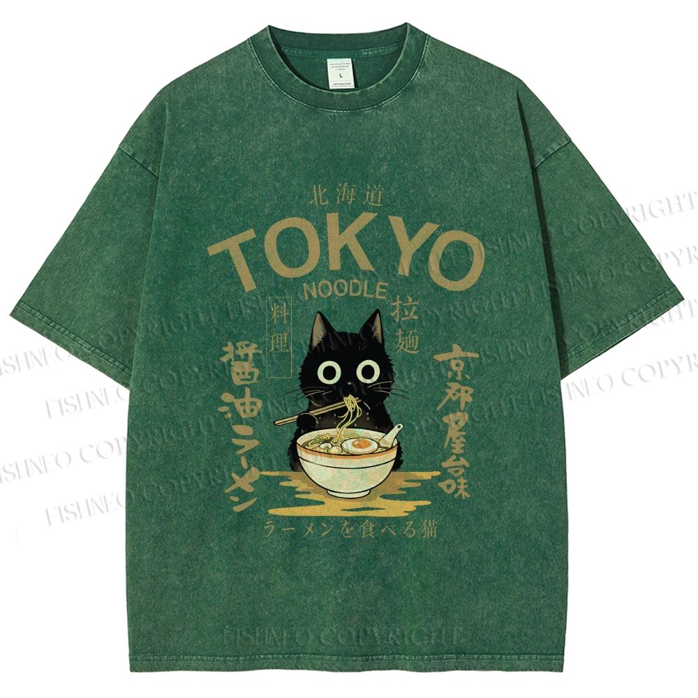 Unisex Black Cat Enjoys Warm Ramen Bowl Printed Washed Tee