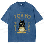 Unisex Black Cat Enjoys Warm Ramen Bowl Printed Washed Tee