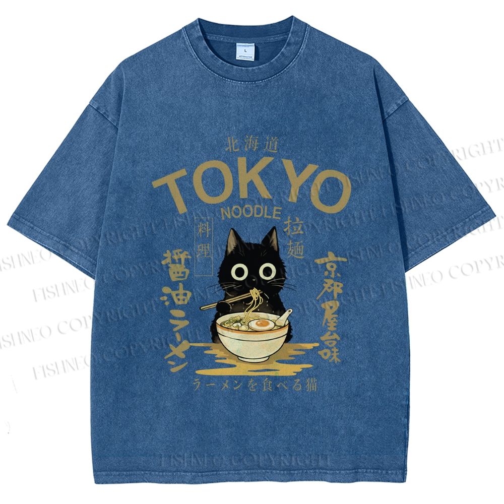 Unisex Black Cat Enjoys Warm Ramen Bowl Printed Washed Tee