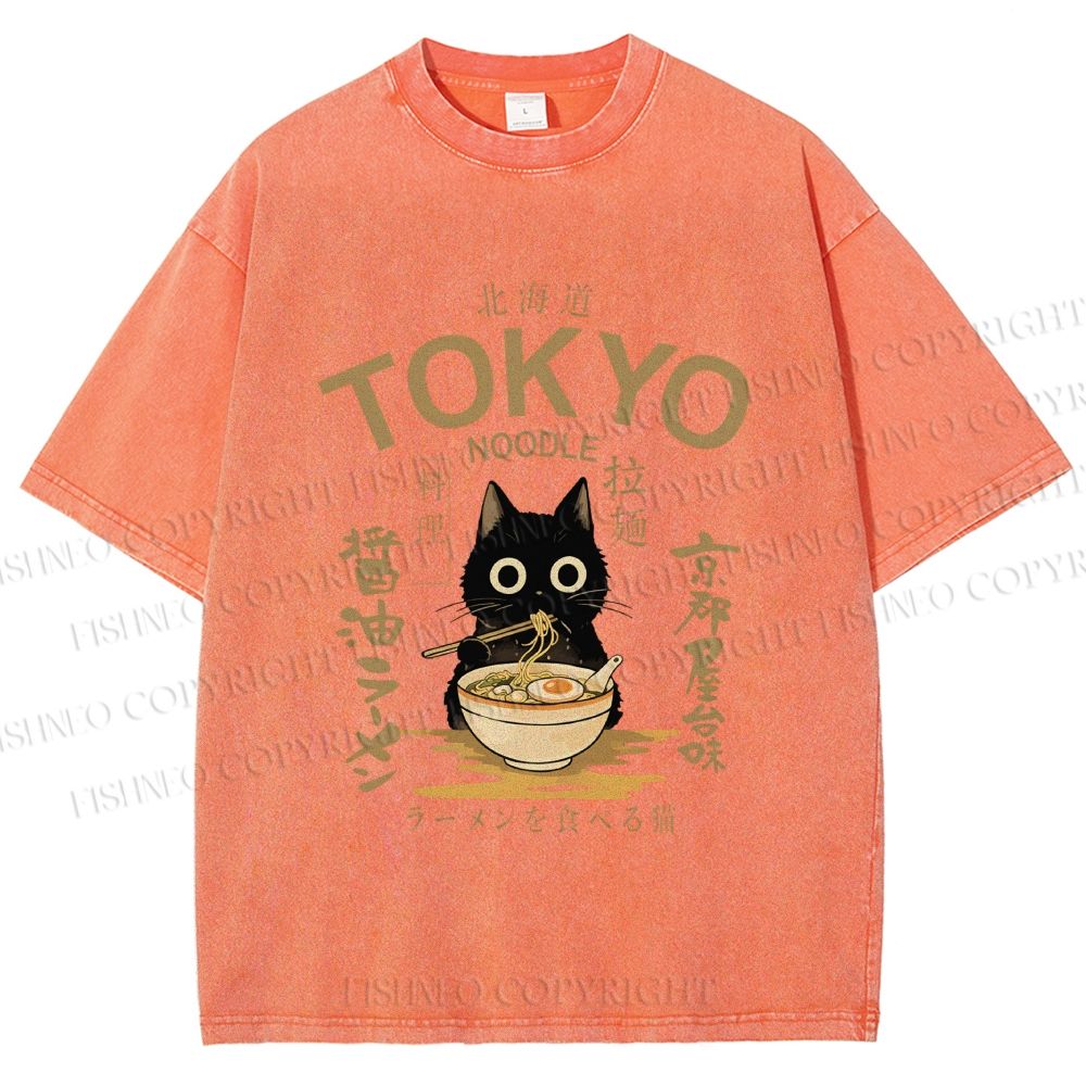Unisex Black Cat Enjoys Warm Ramen Bowl Printed Washed Tee