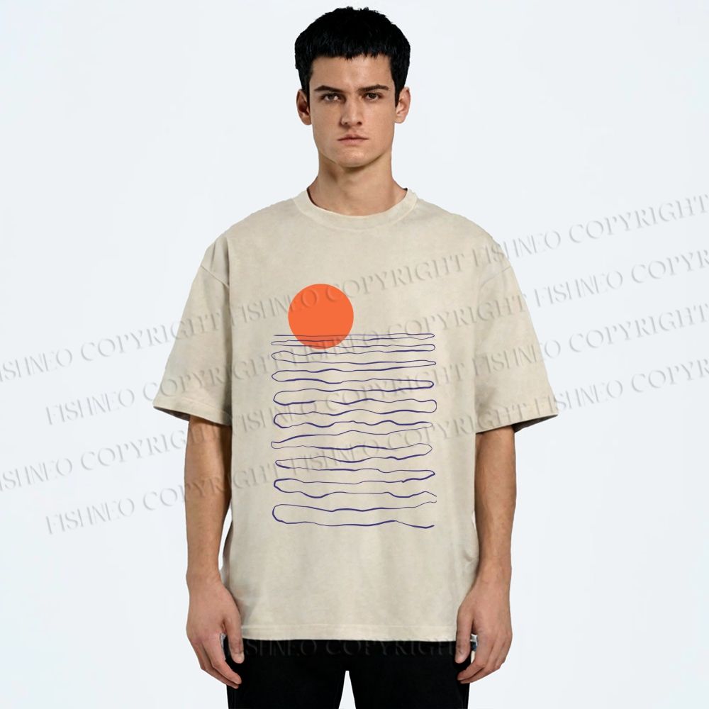 Unisex Sea Wave Sunset Printed Washed Tee
