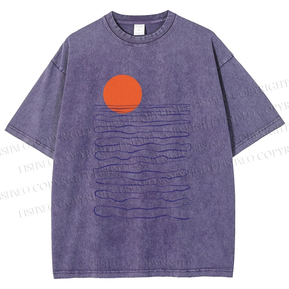 Unisex Sea Wave Sunset Printed Washed Tee