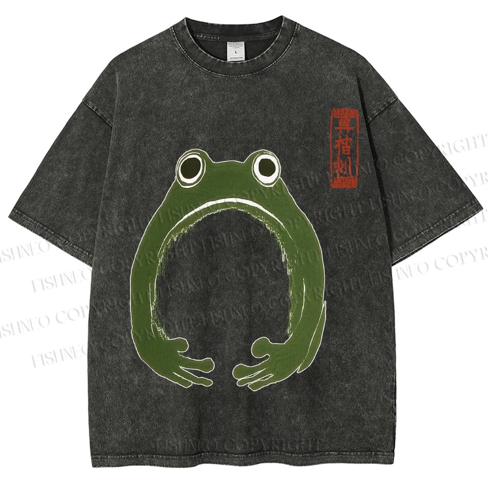 Unisex Japanese Frog Illustration Printed Washed Tee