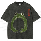Unisex Japanese Frog Illustration Printed Washed Tee
