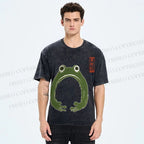 Unisex Japanese Frog Illustration Printed Washed Tee