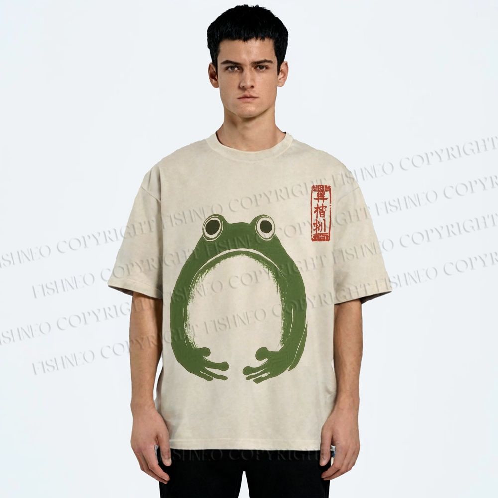 Unisex Japanese Frog Illustration Printed Washed Tee