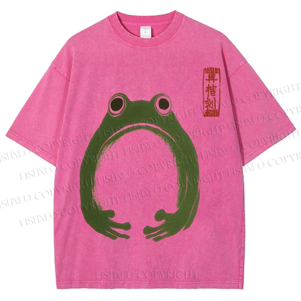 Unisex Japanese Frog Illustration Printed Washed Tee