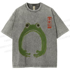 Unisex Japanese Frog Illustration Printed Washed Tee