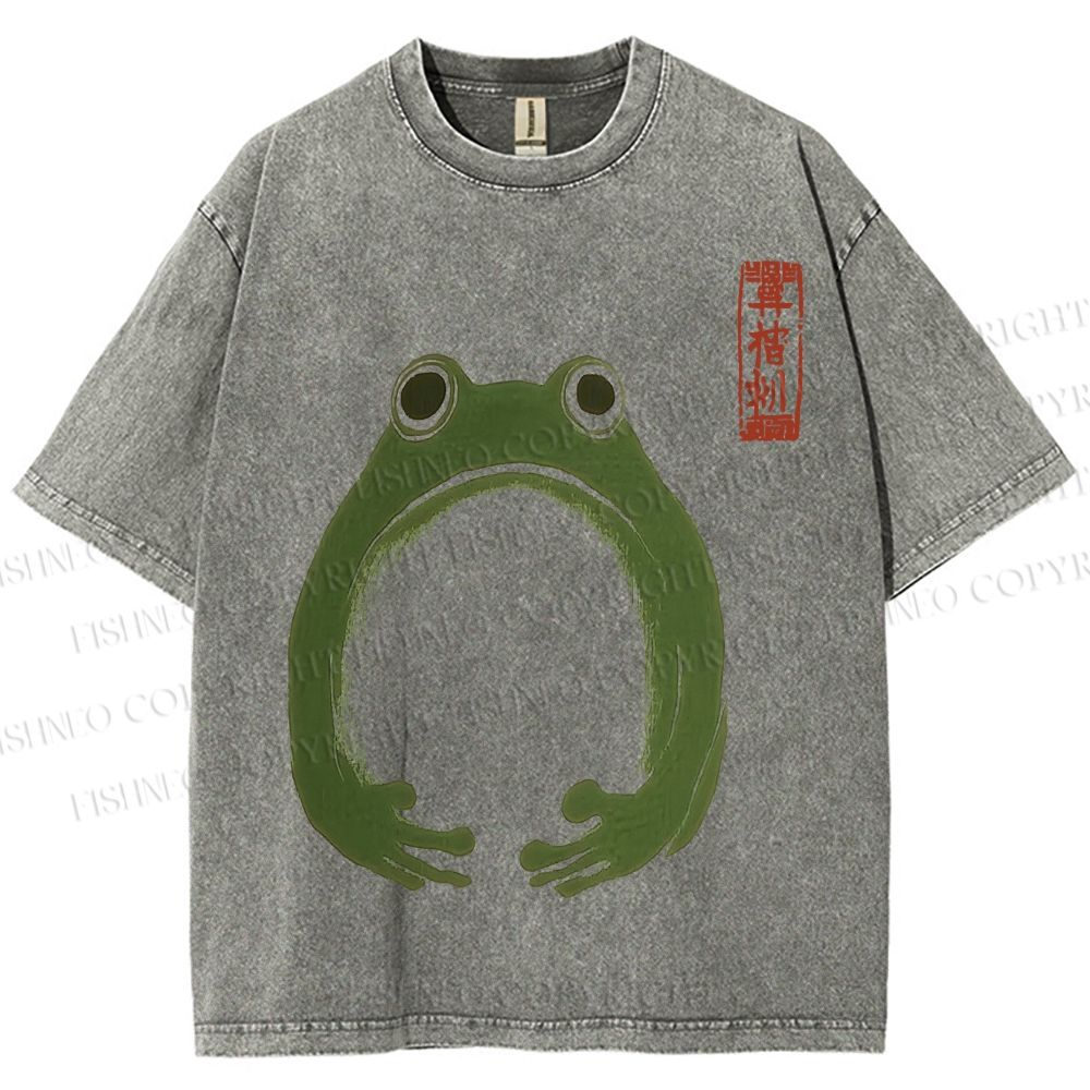 Unisex Japanese Frog Illustration Printed Washed Tee