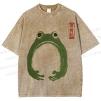 Unisex Japanese Frog Illustration Printed Washed Tee