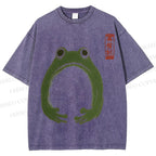 Unisex Japanese Frog Illustration Printed Washed Tee