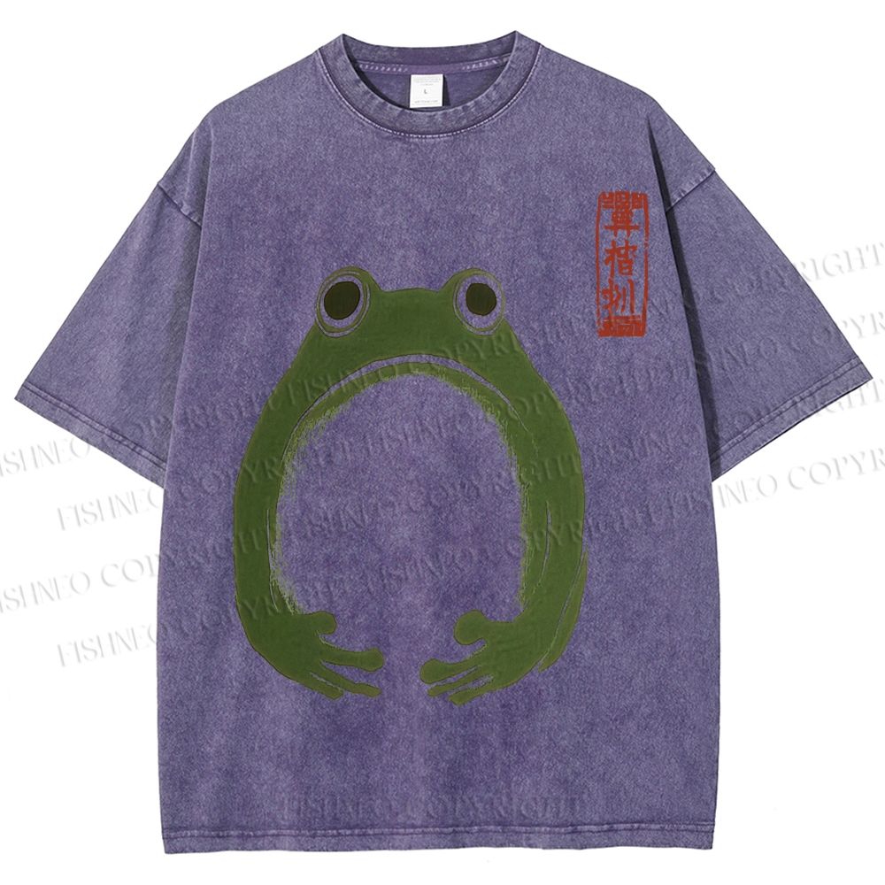 Unisex Japanese Frog Illustration Printed Washed Tee