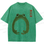 Unisex Japanese Frog Illustration Printed Washed Tee