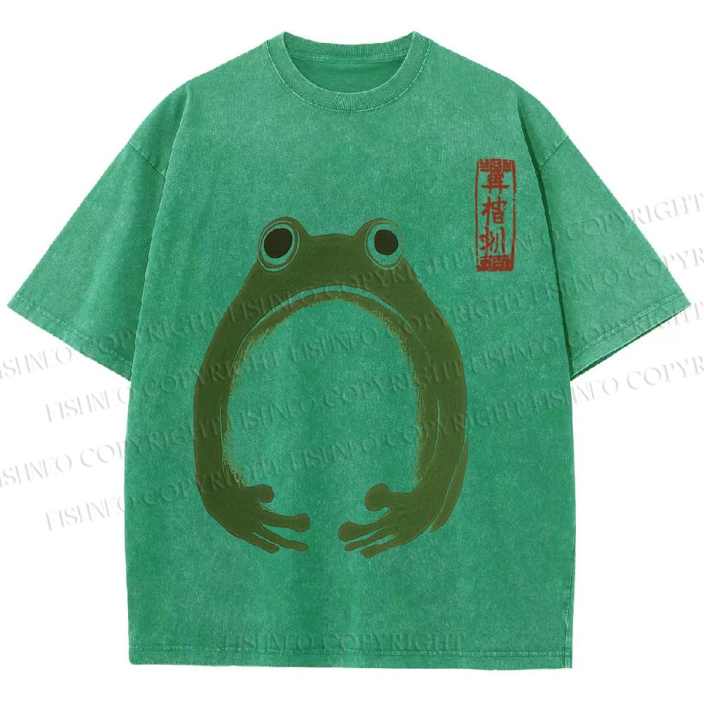 Unisex Japanese Frog Illustration Printed Washed Tee