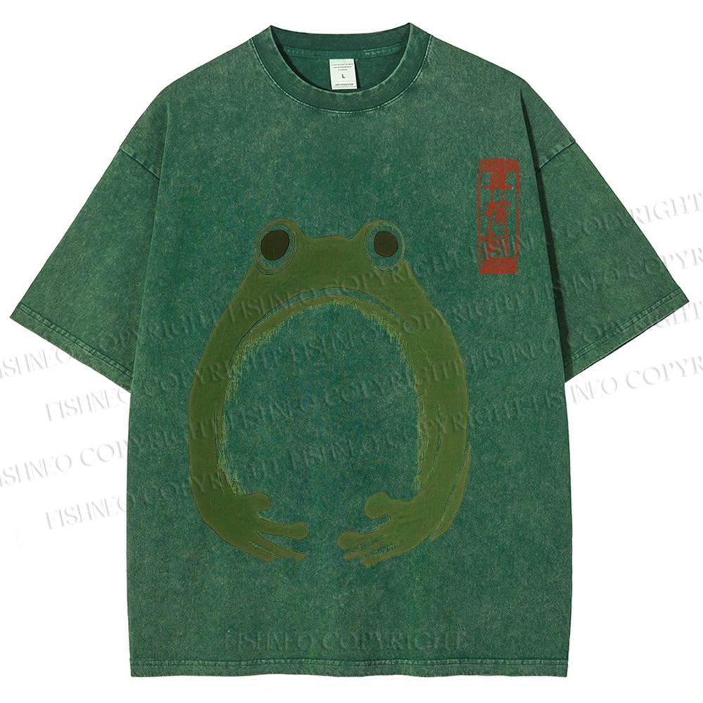 Unisex Japanese Frog Illustration Printed Washed Tee