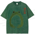 Unisex Japanese Frog Illustration Printed Washed Tee