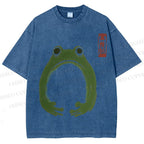 Unisex Japanese Frog Illustration Printed Washed Tee