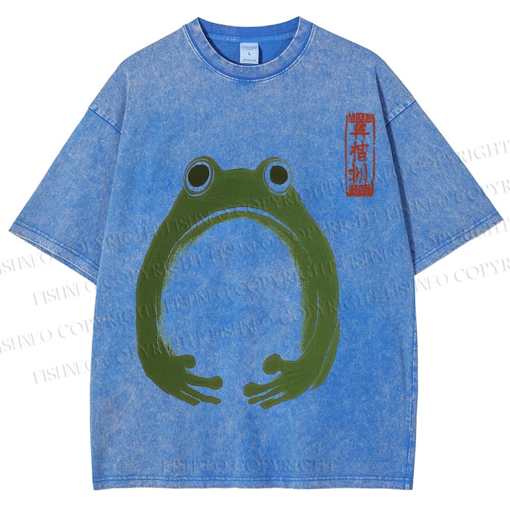 Unisex Japanese Frog Illustration Printed Washed Tee