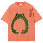 Unisex Japanese Frog Illustration Printed Washed Tee