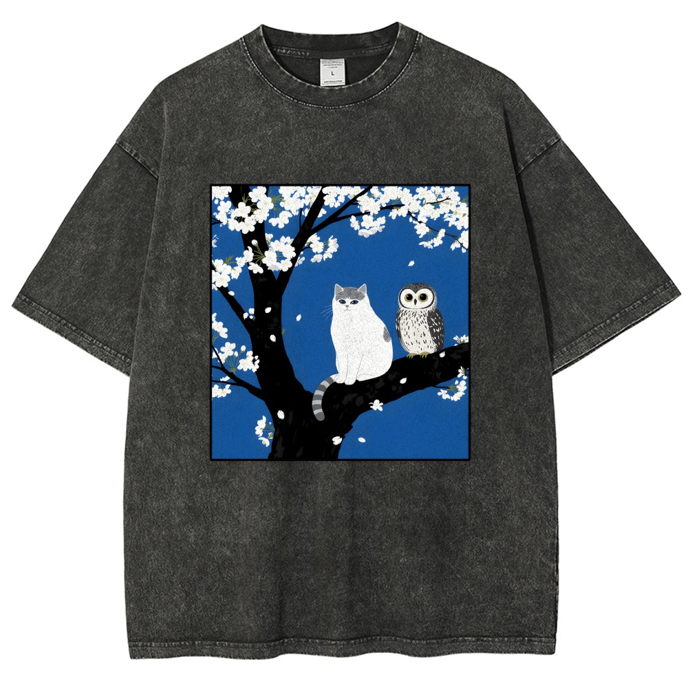 Unisex Cat And Owl Under Sakura Printed Washed Tee