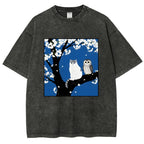 Unisex Cat And Owl Under Sakura Printed Washed Tee