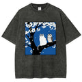 Unisex Cat And Owl Under Sakura Printed Washed Tee