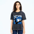 Unisex Cat And Owl Under Sakura Printed Washed Tee