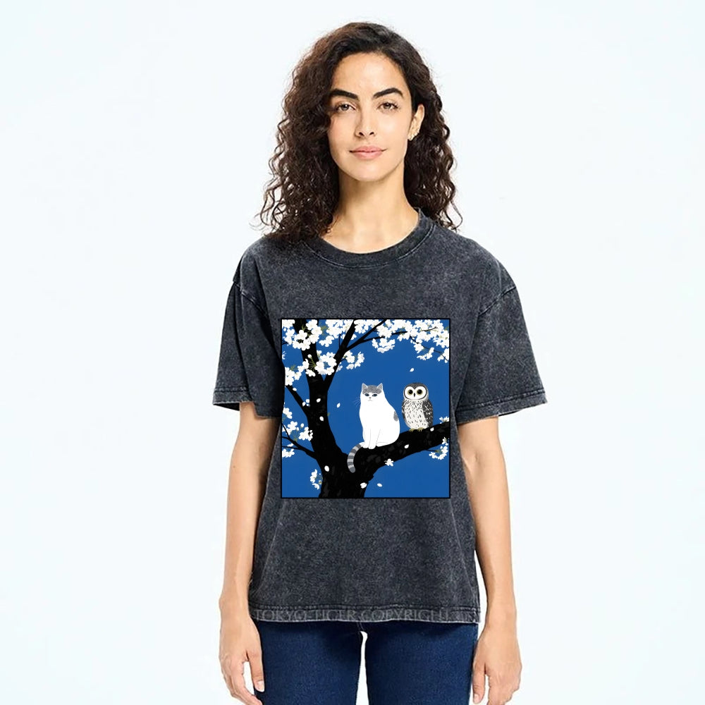 Unisex Cat And Owl Under Sakura Printed Washed Tee