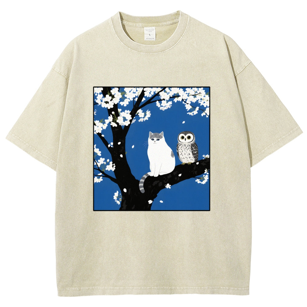 Unisex Cat And Owl Under Sakura Printed Washed Tee