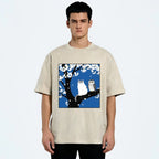 Unisex Cat And Owl Under Sakura Printed Washed Tee