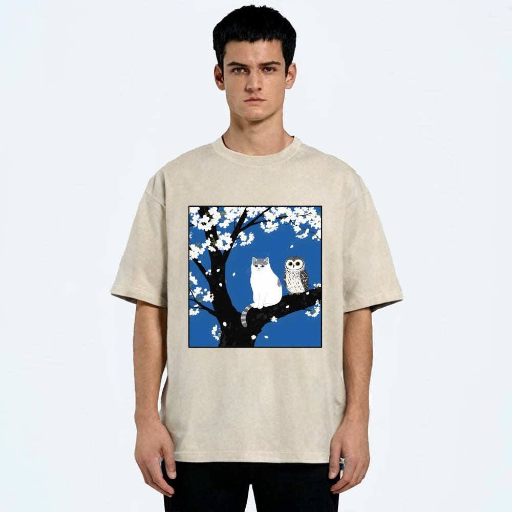 Unisex Cat And Owl Under Sakura Printed Washed Tee