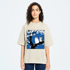 Unisex Cat And Owl Under Sakura Printed Washed Tee