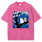 Unisex Cat And Owl Under Sakura Printed Washed Tee