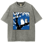 Unisex Cat And Owl Under Sakura Printed Washed Tee